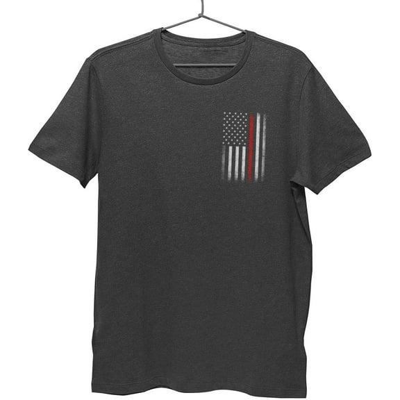 Men's Thin Red Line Flag Tee American Patriot Firefighter Support Shirt Dark Heather - Chest & Back, Small