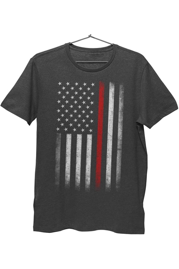 Men's Thin Red Line Flag Tee American Patriot Firefighter Support Shirt Dark Heather, Large