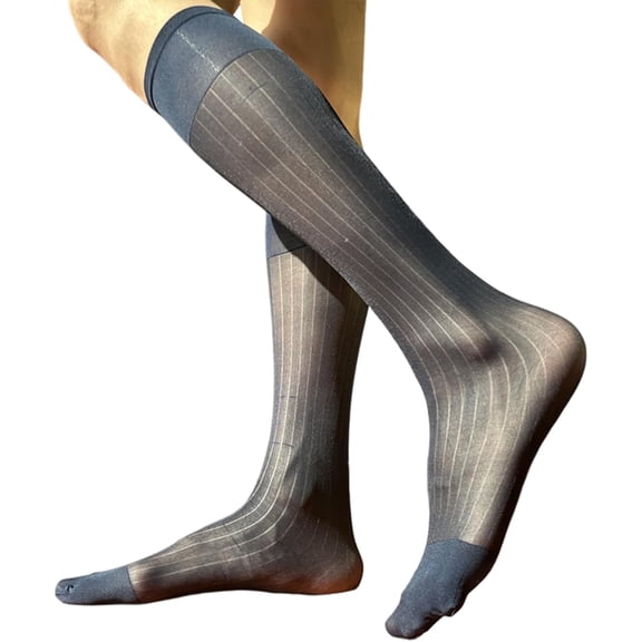 Men’s Thin Silk Sheer Wide Stripe Dress Socks - Formal Business Over the Calf Suit Socks