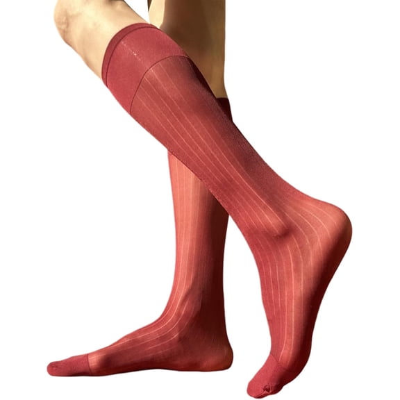 Men’s Thin Silk Sheer Wide Stripe Dress Socks - Formal Business Over the Calf Suit Socks