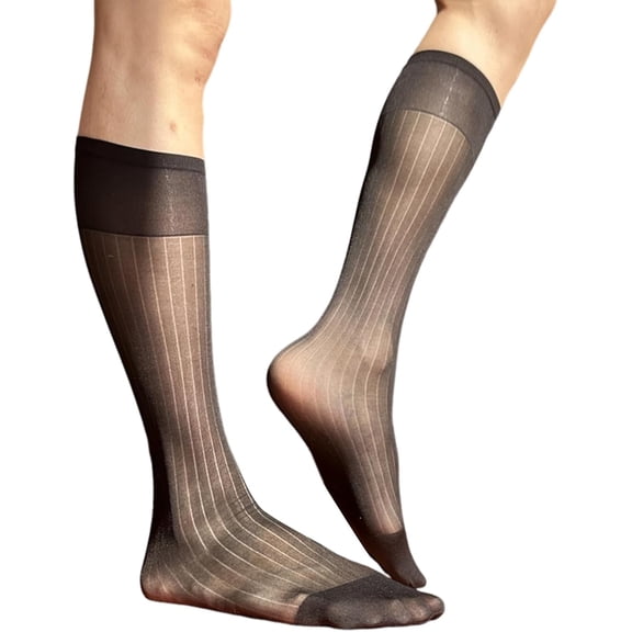 Men’s Thin Silk Sheer Wide Stripe Dress Socks - Formal Business Over the Calf Suit Socks
