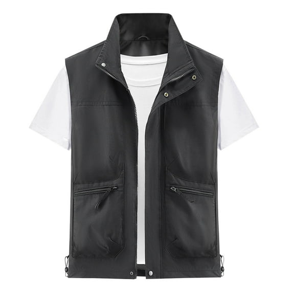 Men's Thin Stand Collar Vest Lightweight Outdoor Work Cargo Jacket Multi-bag Sleeveless Outwear