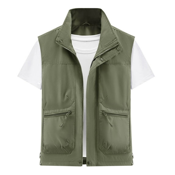 Men's Thin Stand Collar Vest Lightweight Outdoor Work Cargo Jacket Multi-bag Sleeveless Outwear