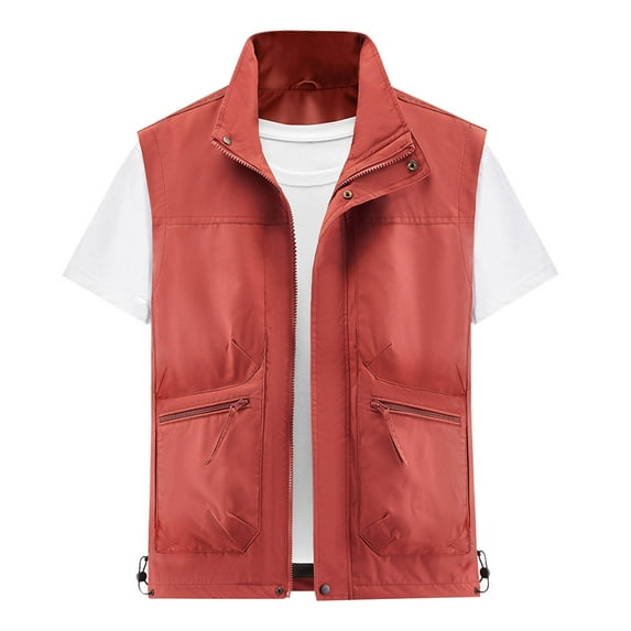 Men's Thin Stand Collar Vest Lightweight Outdoor Work Cargo Jacket Multi-bag Sleeveless Outwear