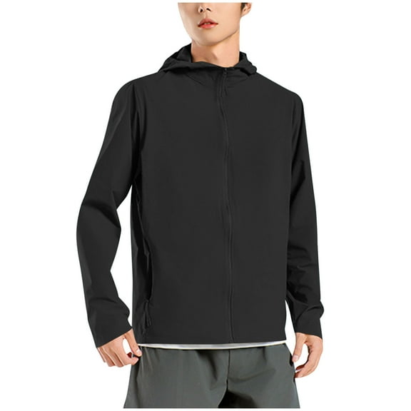 Men's Thin Style Sun Protection Hooded Jacket UPF 50  Lightweight Full Zip Long Sleeve Cooling Shirt for Hiking