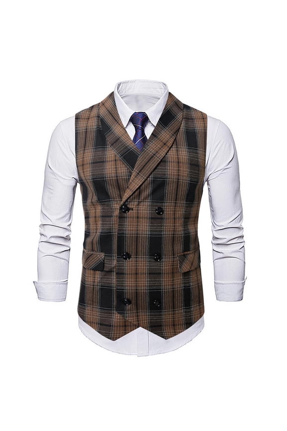 Men's Thin Workwear Waistcoat Classic Plaid Medieval Vest Double Breasted Waistcoat Wedding Formal Dress Vest