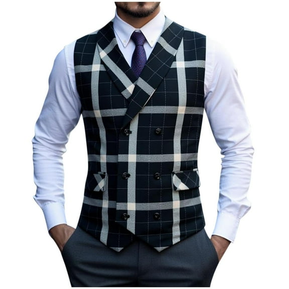 Men's Thin Workwear Waistcoat Classic Plaid Medieval Vest Double Breasted Waistcoat Wedding Formal Dress Vest