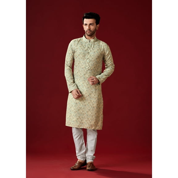 Men's Thistel Green Color Indian Traditional Wear Tunic Cotton Kurta Pajama Set