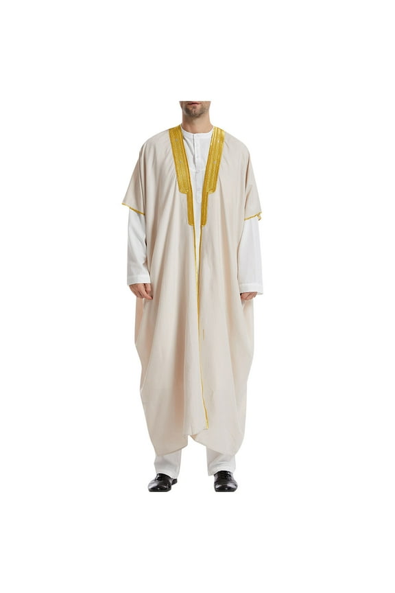 Men's Thobe Jubba Long Sleeve Muslim Clothing Kaftan Islamic Gown Black White Beige L