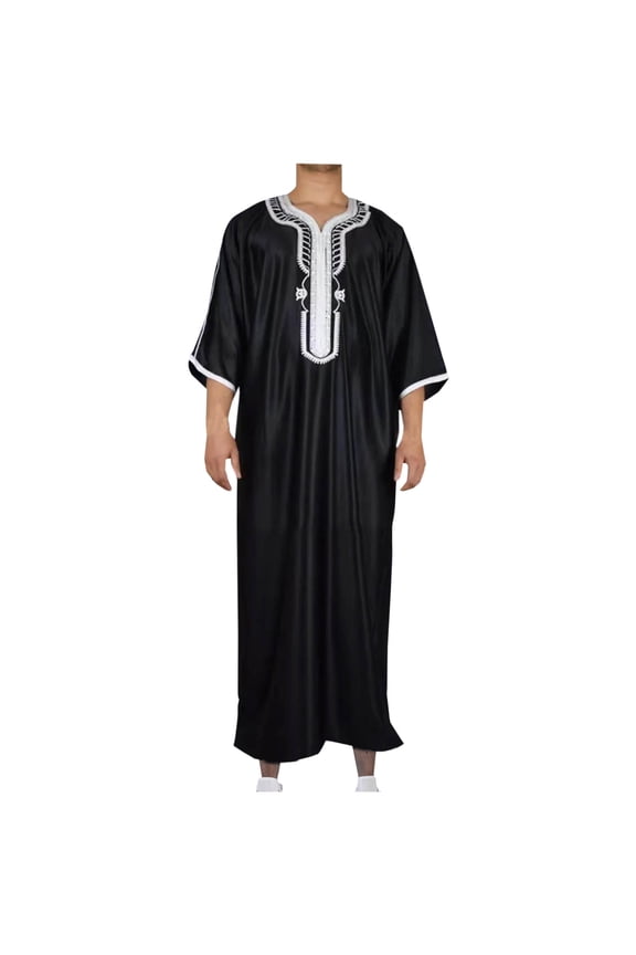 Men's Thobe Muslim Clothes V-Neck Long Sleeve Pullover Middle East Saudi Kaftan Abaya Dubai Arab Robe with Embroidery Black