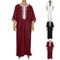 thumbnail image 1 of Men's Thobe Muslim Clothes V-Neck Long Sleeve Pullover Middle East Saudi Kaftan Abaya Dubai Arab Robe with Embroidery White, 1 of 8