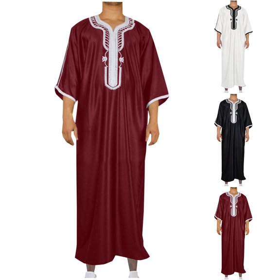 Men's Thobe Muslim Clothes V-Neck Long Sleeve Pullover Middle East Saudi Kaftan Abaya Dubai Arab Robe with Embroidery White