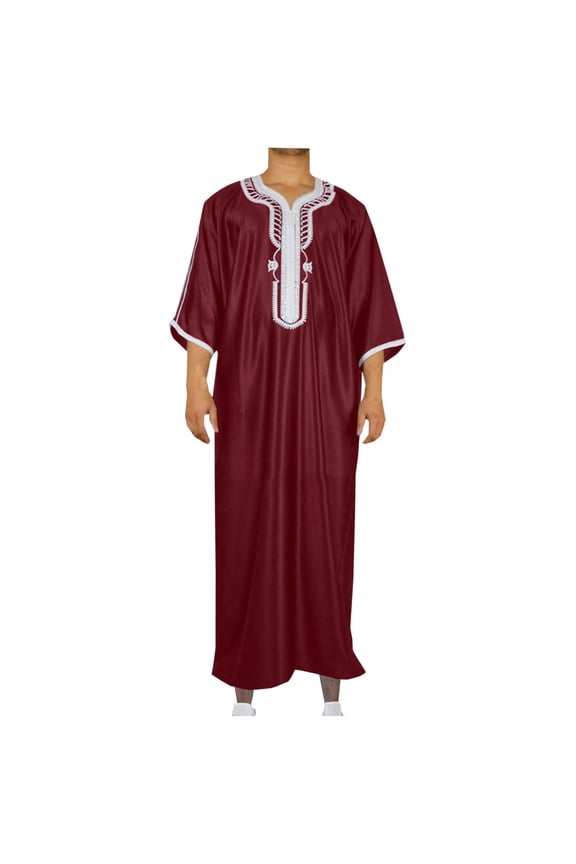 Men's Thobe Muslim Clothes V-Neck Long Sleeve Pullover Middle East Saudi Kaftan Abaya Dubai Arab Robe with Embroidery Wine