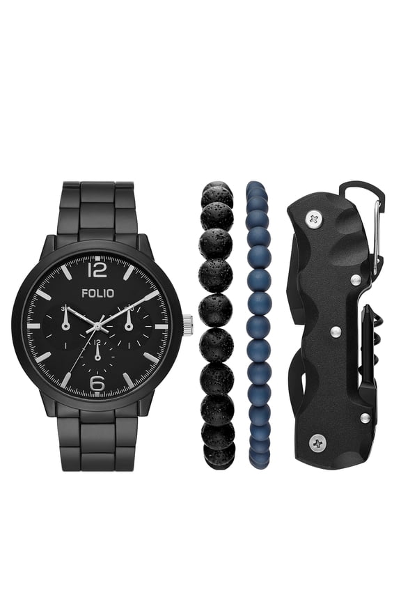 Men's Three-Hand, Black Alloy Watch Gift Set