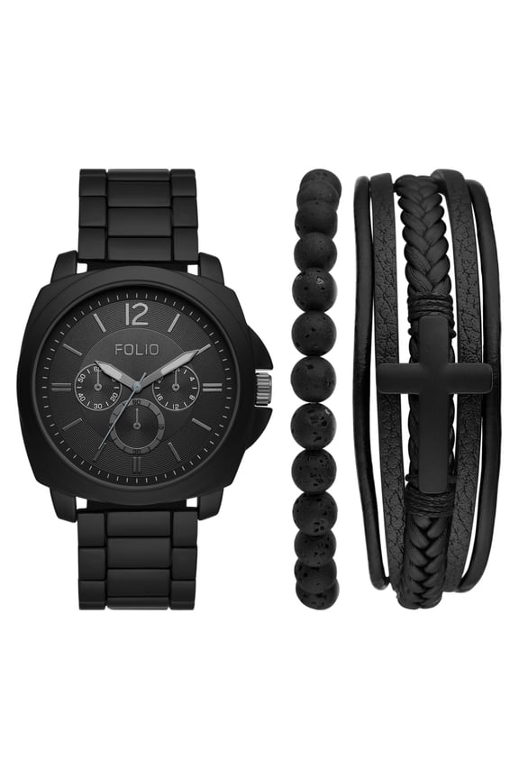 Men's Three-Hand, Black Alloy Watch Gift Set