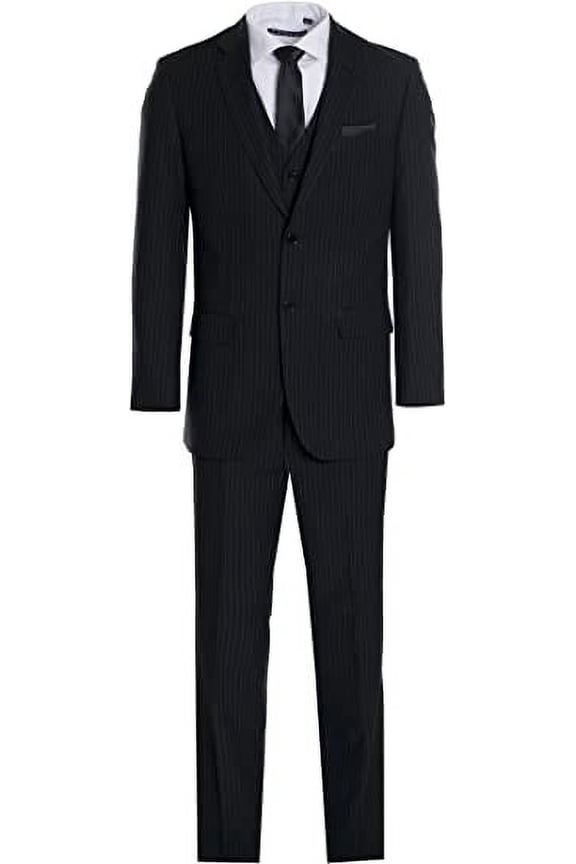 Men's Three Piece Premium Modern Fit Two Button Suit Black Pinstripe