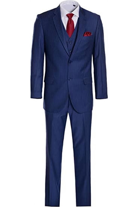 Men's Three Piece Premium Modern Fit Two Button Suit Blue Pinstripe