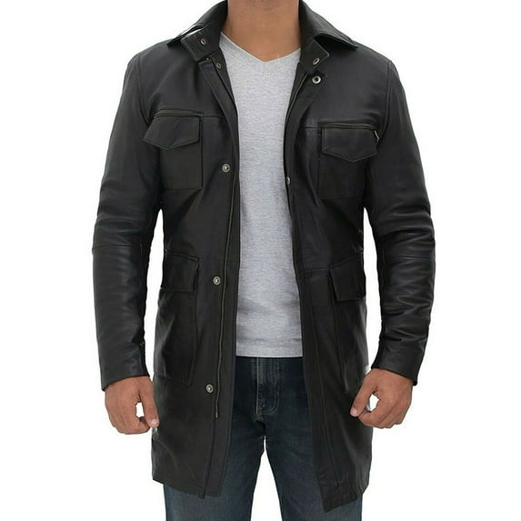 Men's Three Quarter Sheepskin Black Leather Coat Button With Zipper Closure Handmade Black Leather Coat