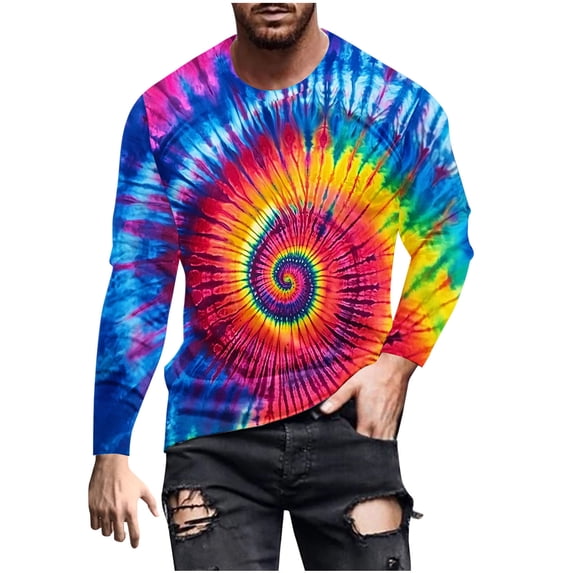 Men's Tie Dye Long Sleeve Blouse Casual Crew Neck Pullover Lightweight Breathable T-Shirt