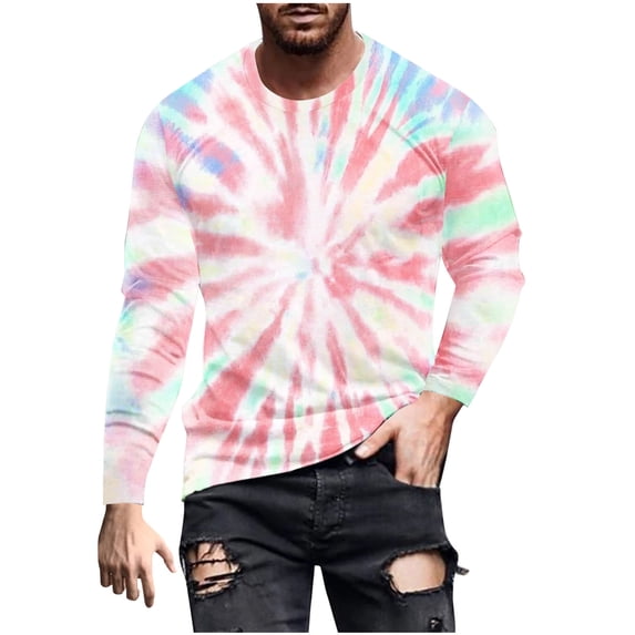 Men's Tie Dye Long Sleeve Blouse Casual Crew Neck Pullover Lightweight Breathable T-Shirt