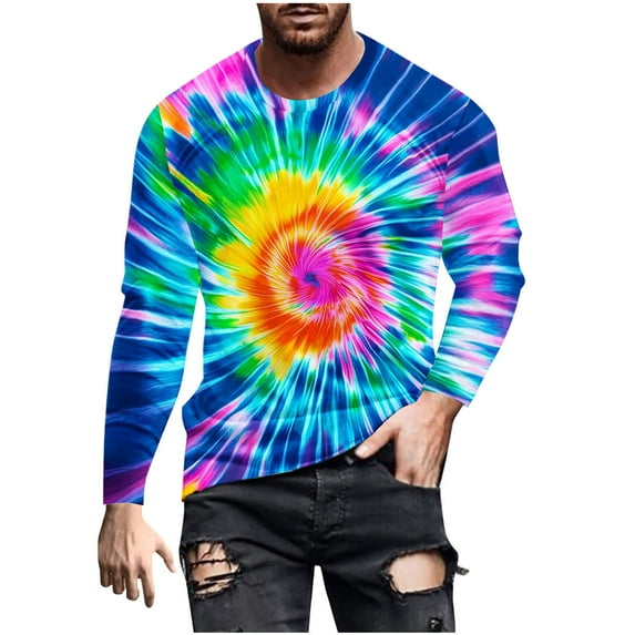 Men's Tie Dye Long Sleeve Blouse Casual Crew Neck Pullover Lightweight Breathable T-Shirt