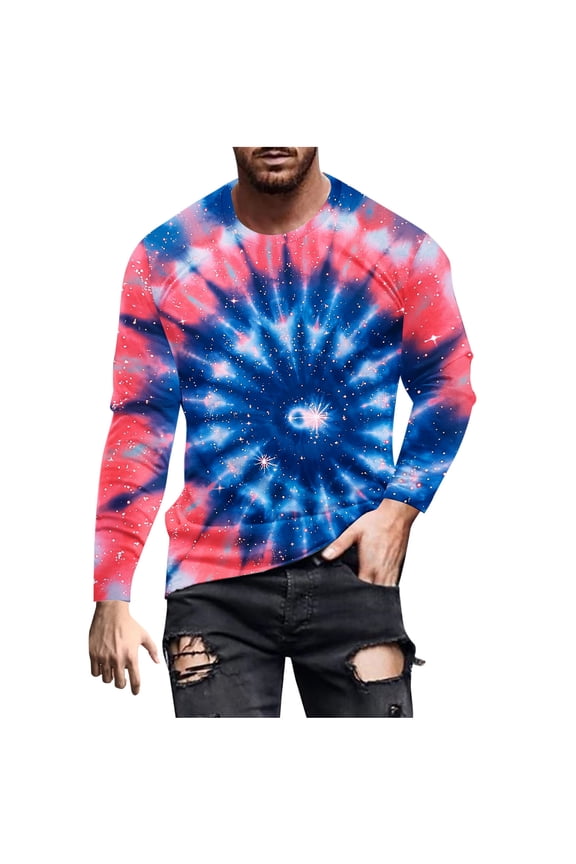 Men's Tie Dye Long Sleeve Blouse Casual Crew Neck Pullover Lightweight Breathable T-Shirt