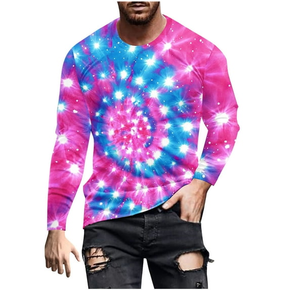 Men's Tie Dye Long Sleeve Blouse Casual Crew Neck Pullover Lightweight Breathable T-Shirt