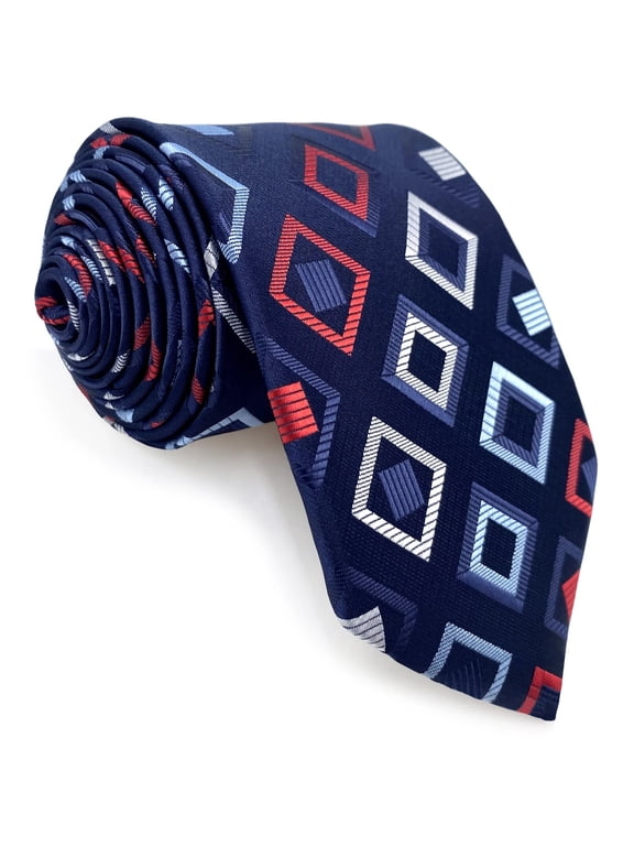 Men's Tie Necktie Satin Space Blue Checkered Red White for Wedding Classic Size 57.5"×3.15"
