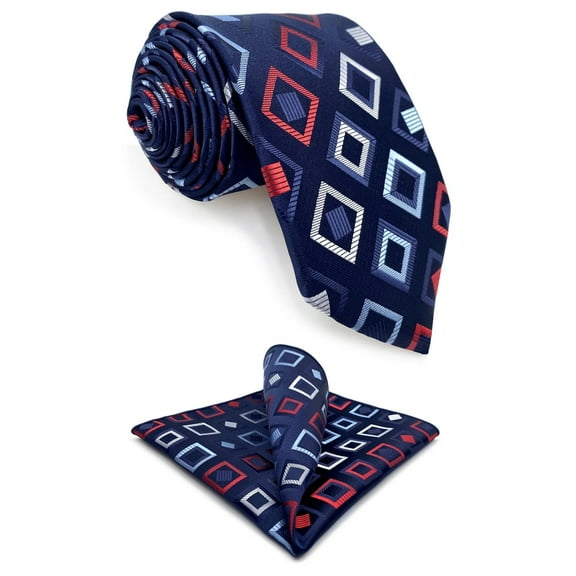 Men's Tie Necktie Set Satin Space Blue Checkered Red White for Wedding Groomsmen Classic Size 57.5"×3.15"