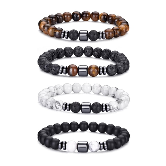 Men's Tiger Eye Beaded Bracelets with Lava Stones - Adjustable Elastic Design for Dad
