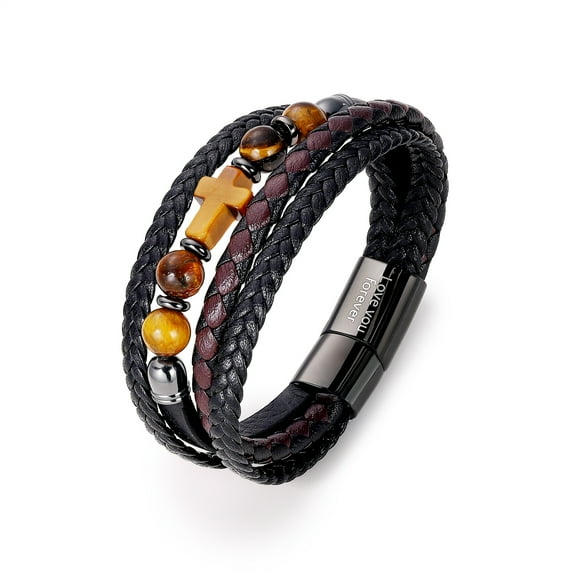 Men’s Tiger Eye Cross Bracelet – Brown Braided Leather Wristband with “Love You Forever” Magnetic Clasp, Christian Gift for Him