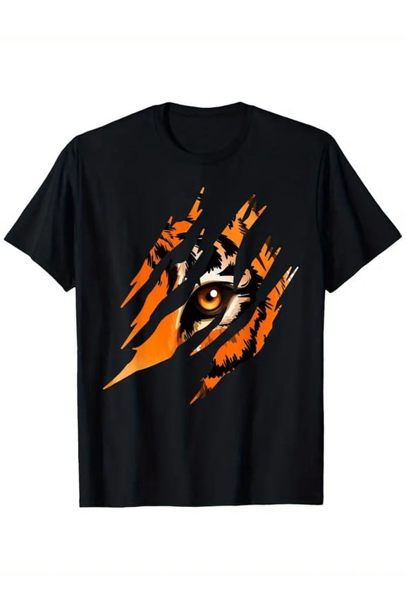 Men's Tiger Eye Graphic T-Shirt - 100% Cotton, Black with Vibrant Orange & White Tiger Print, Casual Loose Fit, Short Sleeve, Round Neck, Machine Washable, Perfect for Casual Attire