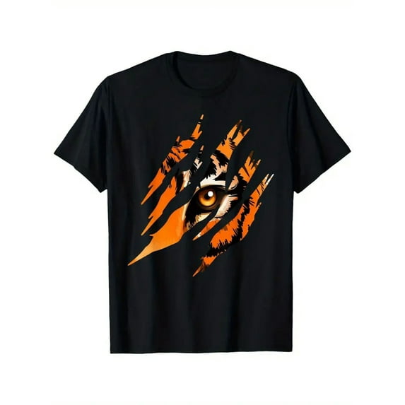Men's Tiger Eye Graphic T-Shirt - 100% Cotton, Black with Vibrant Orange & White Tiger Print, Casual Loose Fit, Short Sleeve, Round Neck, Machine Washable, Perfect for Casual Attire