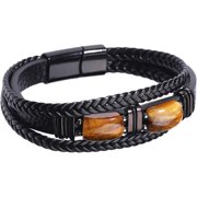 Men's Tiger Eye Leather Bracelet, Triple Layer Braided Leather Wristband, Bead Cuff Bracelet for Business and Casual Wear, Masculine Jewelry Accessories-USA