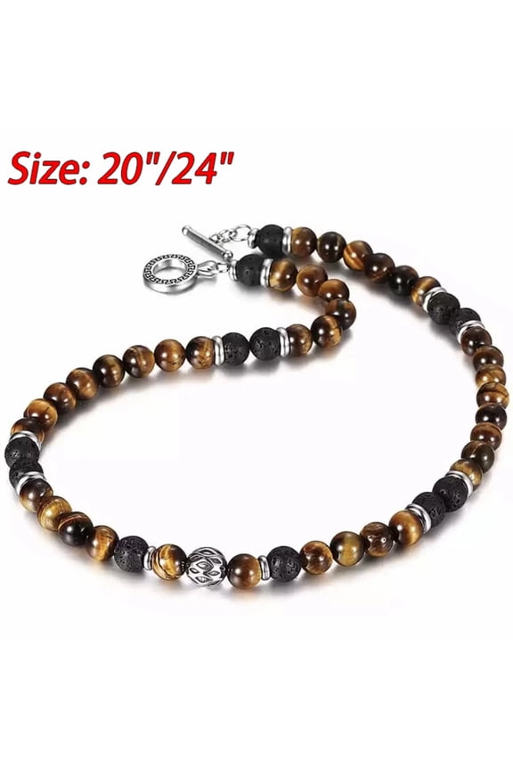 Men's Tiger Eye Necklace 8mm Natural Lava Beads Stainless Steel Toggle 20/24" (24in)