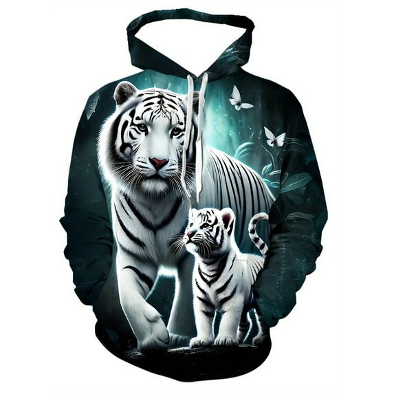 Men's Tiger Pattern Hooded Jacket - Dark Green Base with White Tiger, Long Sleeve Pullover Suitable for Casual and Formal Outfits, Long Sleeve Sweatshirt, Men's Sweatshirt, Sports Shirt