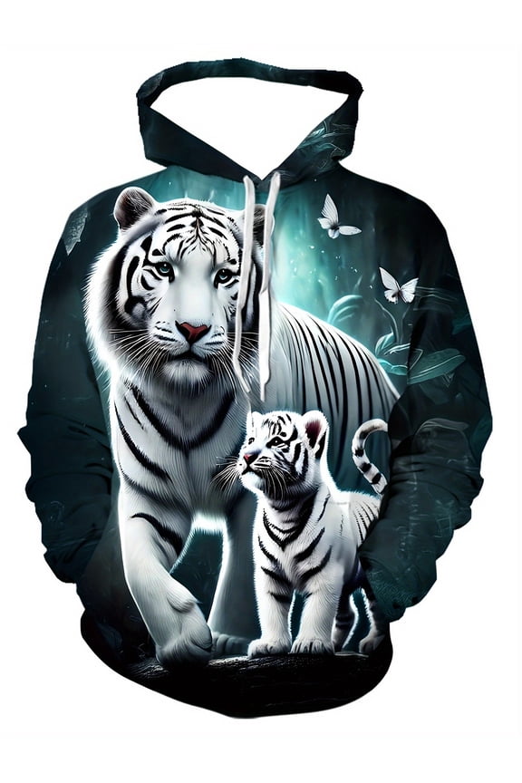 Men's Tiger Pattern Hooded Jacket - Dark Green Base with White Tiger, Long Sleeve Pullover Suitable for Casual and Formal Outfits, Long Sleeve Sweatshirt, Men's Sweatshirt, Sports Shirt