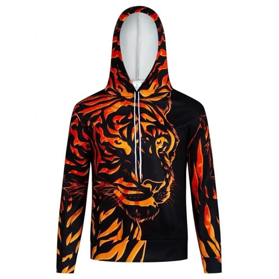 Men's Tiger Pattern Hoodie, Sports Micro-Stretch Breathable Hooded Sweatshirt Suitable for Outdoor Autumn and Spring Fashion, Casual Men's Long Sleeve Sweatshirt