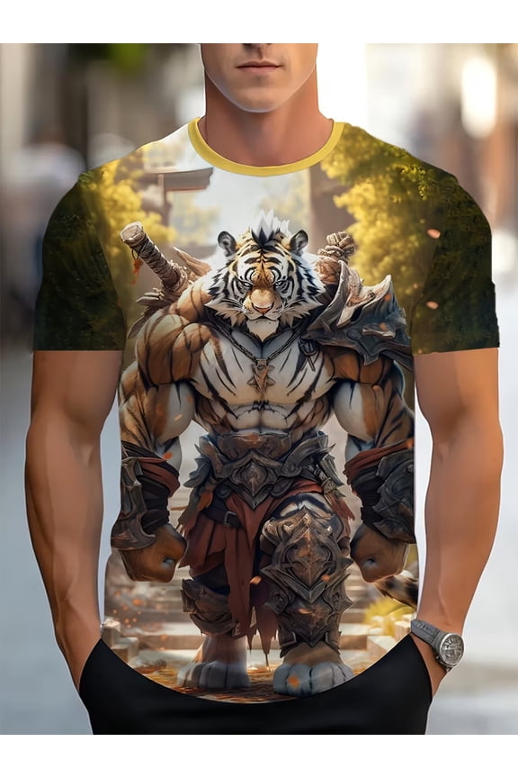 Men's Tiger Print Back Printed T-Shirt - Street Casual Short Sleeve T-Shirt, Eye-catching Printing, Regular Version, Machine Washable, Retro Color Suitable for Urban Fashion