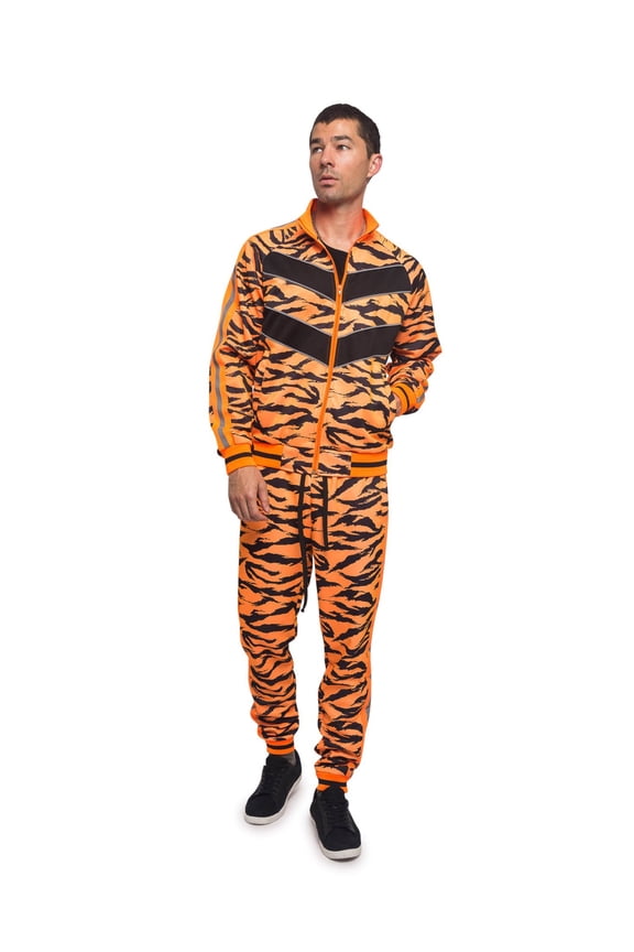 Men's Tiger Striped Reflective Tape Track Suits 2 Piece Sweatsuit Set ST576 - Neon Orange - Medium