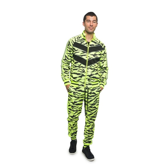Men's Tiger Striped Reflective Tape Track Suits 2 Piece Sweatsuit Set ST576 - Neon Yellow - 3X-Large