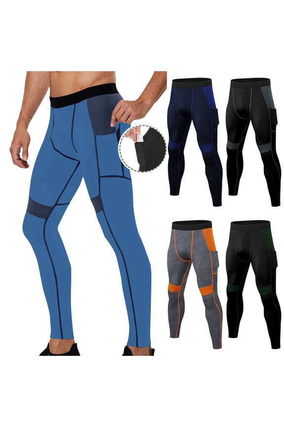 Men's Tight Fitting Base Layer Pants, High Elasticity Training Trousers with Pocket, Warm Yoga & Running Basketball Workout Gear, Athletic Essentials | HAODEJW,Blue L