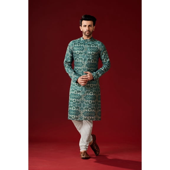 Men's Timber Green Color Indian Traditional Wear Tunic Cotton Kurta Pajama Set