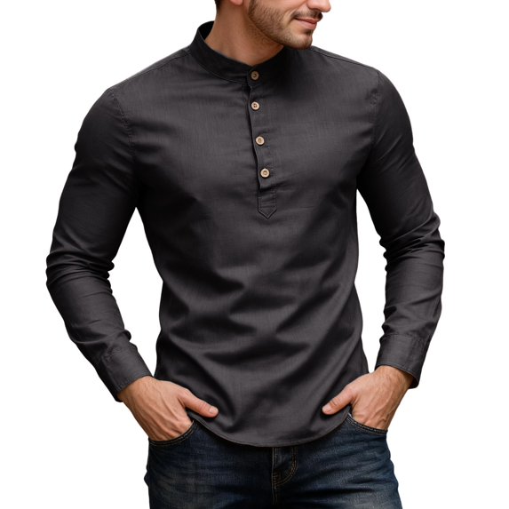 Men's Timeless Slim Fit Long Sleeve Dress Shirt With Stand Collar Business Casual Office Black L