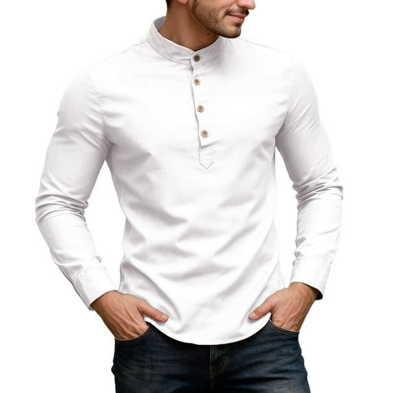 Men's Timeless Slim Fit Long Sleeve Dress Shirt With Stand Collar Business Casual Office White M