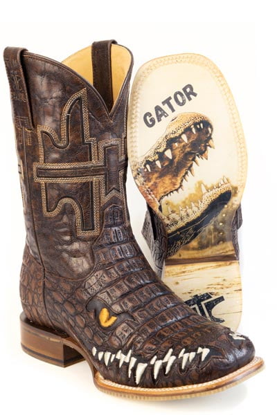 Men's Tin Haul Al O'Gator PRINT Boots with Don'T Cross A Gator Sole Handcrafted Square Toe Brown