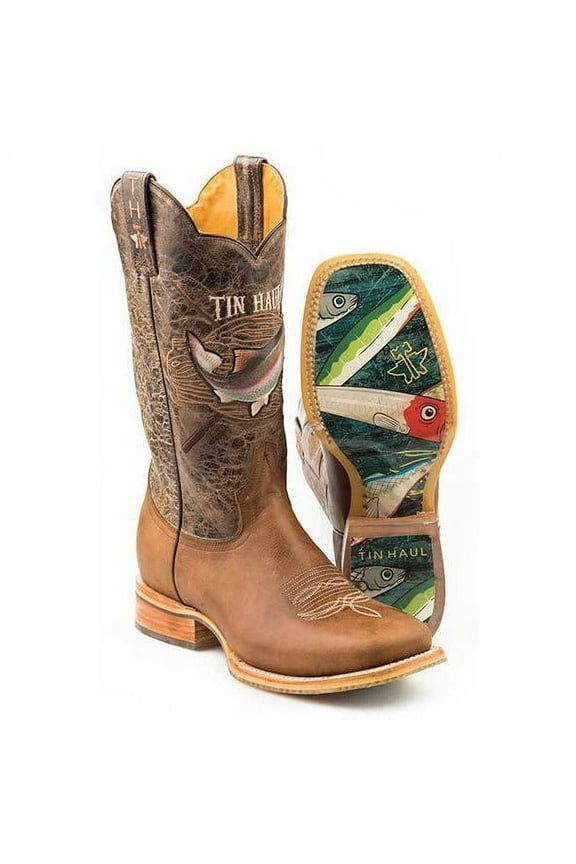 Men's Tin Haul Alpha Angler Boots with Fishing Lure Sole Handcrafted Brown