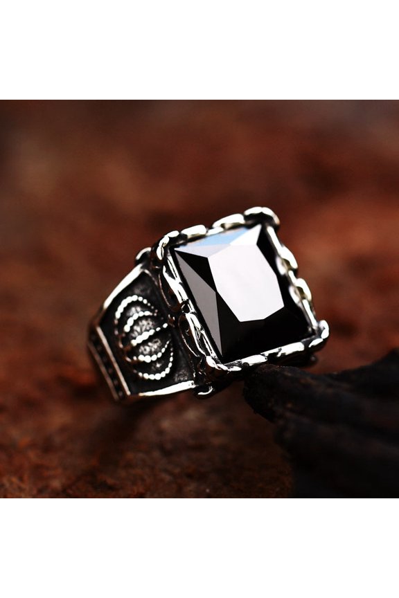 Men's Titanium Steel Crown Ring European Retro Design and Personality Statement Ring for Him Band Jewelry with Ruby Black Onyx Emerald Sapphire Inlay