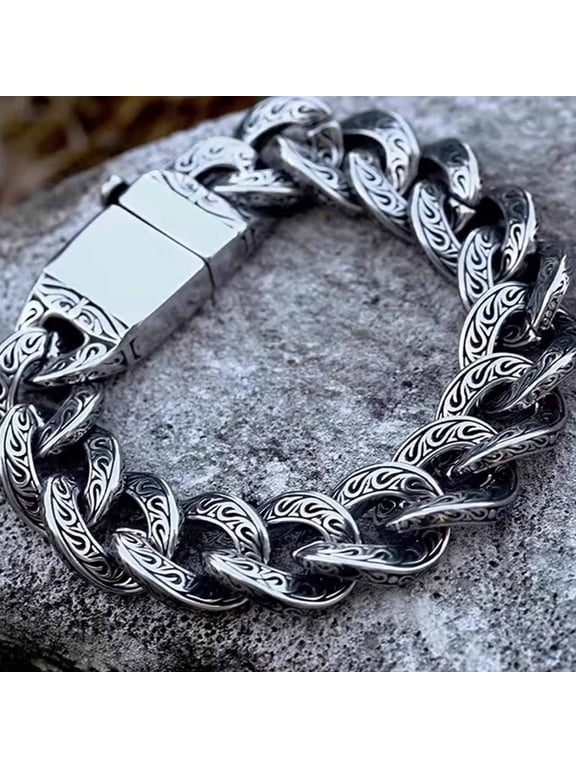 Men's Titanium Steel Engraved Chain Bracelet – Biker Style, Retro Carved Curb Chain Jewelry for Men 9.5 inches
