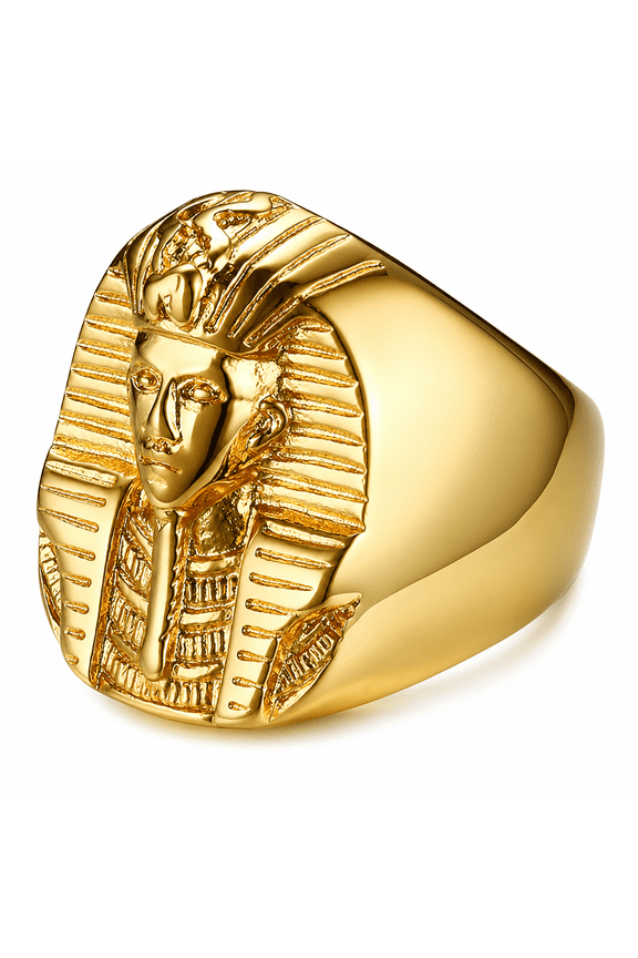 Men’s Titanium Steel Ring, Gold Tone 27mm Large Face Pharaoh Design, Egyptian Inspired Statement Signet Style Ring, Sizes 8-13
